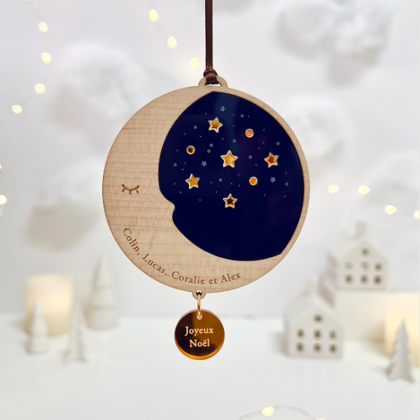 Suspension sapin de Noël personnalisée, lune et constellation