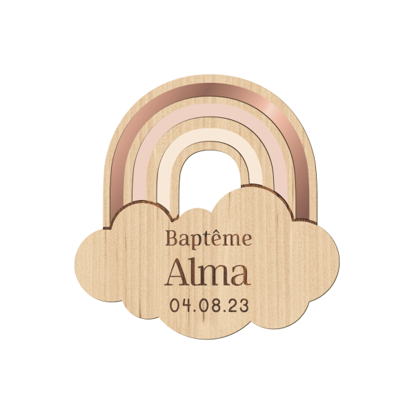 Magnet en bois baptême thème arc-en-ciel, nuance G