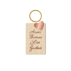 Porte-clef original en bois prénoms de famille et coeur