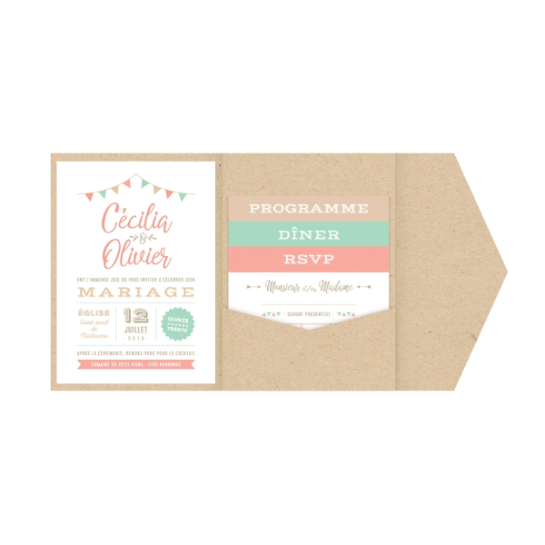 Invitation mariage Guinguette guirlande de fanions couleurs pastel