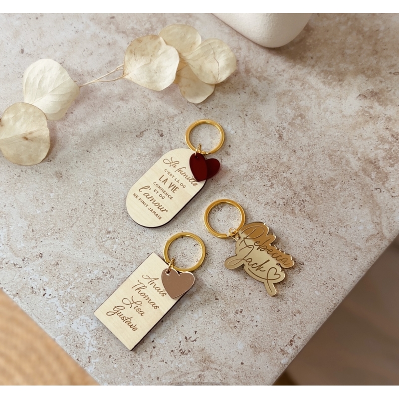 Porte clés personnalisé en bois avec photo et texte - format cœur