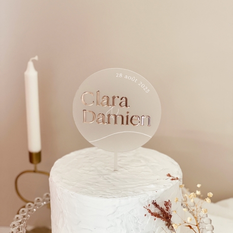 Cake Topper Mariage avec prénoms et coeur - Acrylique Miroir