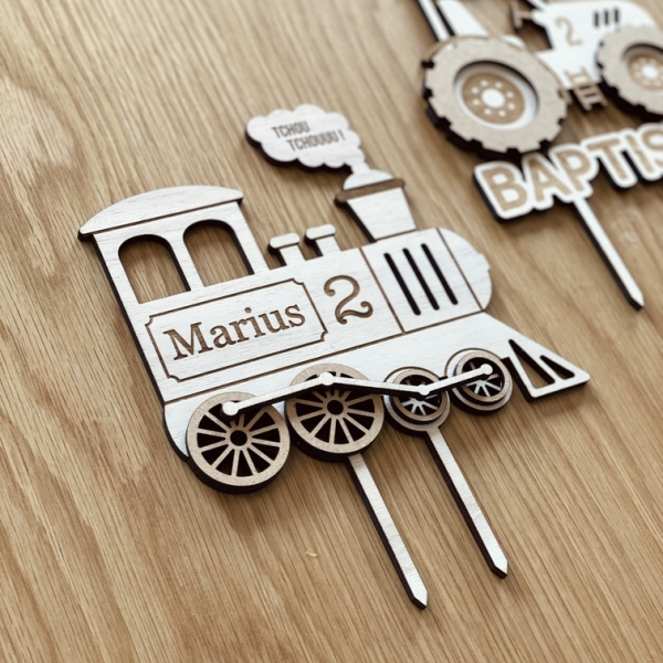 Cake topper personnalisé train locomotive vintage en bois