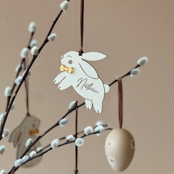Décoration à suspendre arbre de Pâques, lapin en bois