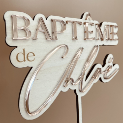 Cake topper baptême personnalisé bois et rose gold