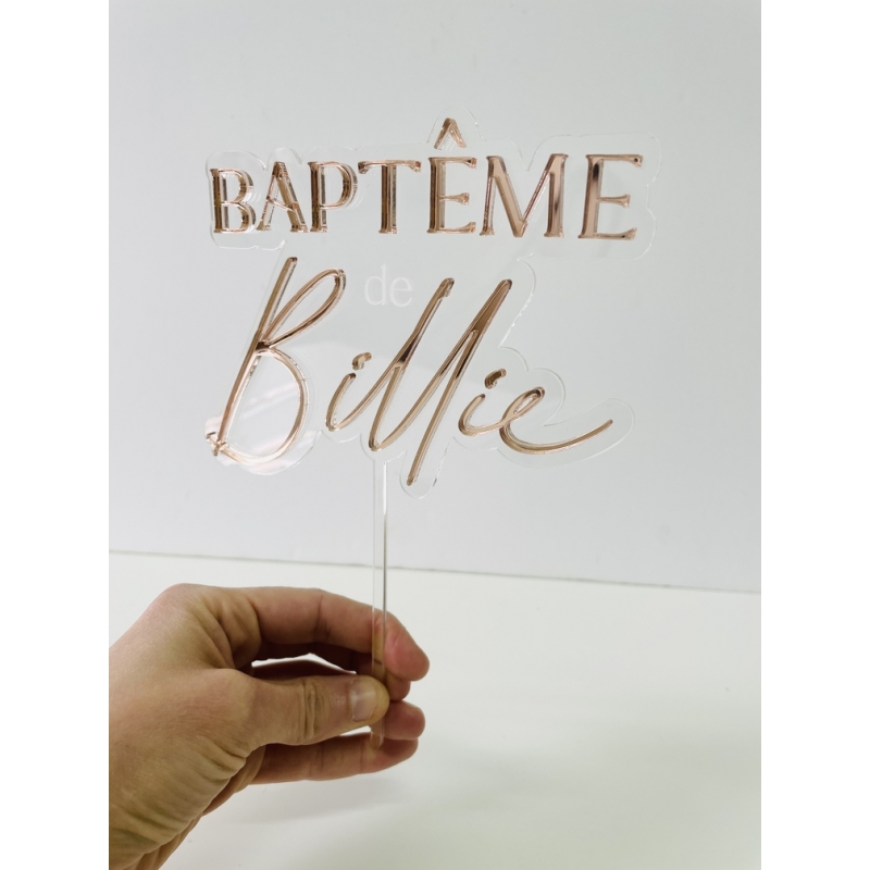 Cake topper Baptême en plexi or personnalisé - Tendance - Ourson Câlin