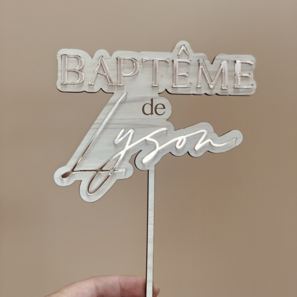Cake topper baptême bois et plexiglas rose gold