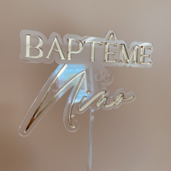 Cake topper baptême personnalisé, cake topper plexiglas champagne