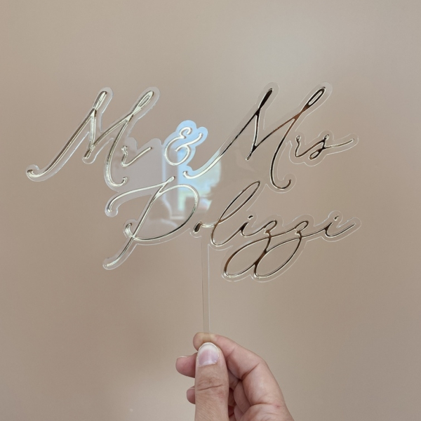 Cake topper mariage personnalisé Mr & Mrs plexiglas miroir champagne