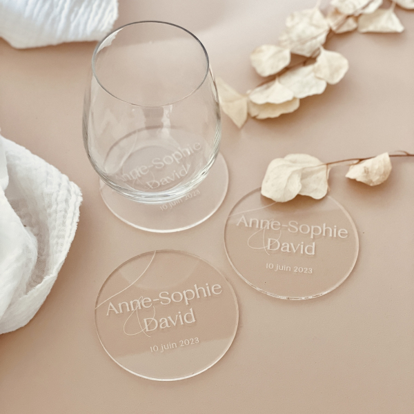 Dessous de verre mariage personnalisés, cadeaux d'invités originaux