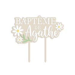Cake topper baptême personnalisé thème marguerite plexiglas