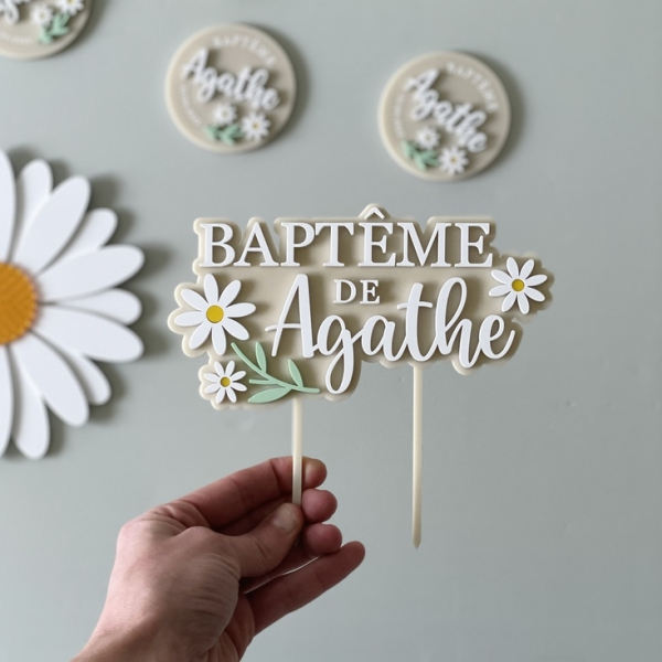 Cake topper baptême original à personnaliser thème marguerite