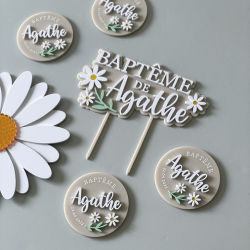 Baptême thème marguerite cake topper et magnets