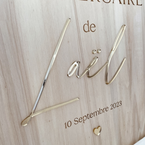 Panneau de bienvenue en bois prénom miroir champagne