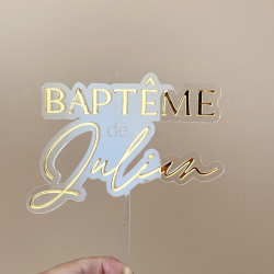 Cake topper baptême minimaliste plexiglas miroir champagne