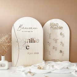 Panneau de bienvenue mariage minimaliste bois et miroir champagne