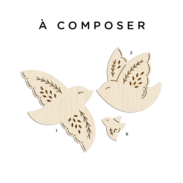 Envolée d'oiseaux en bois à composer, représentation de votre famille