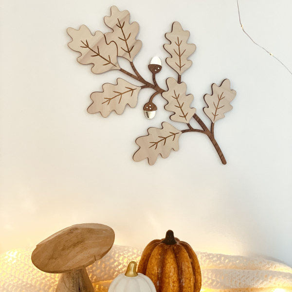 Décoration murale d'automne, branche de chêne en bois
