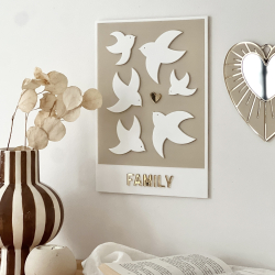 Affiche en plexiglas famille oiseaux, décoration murale blanc et lin