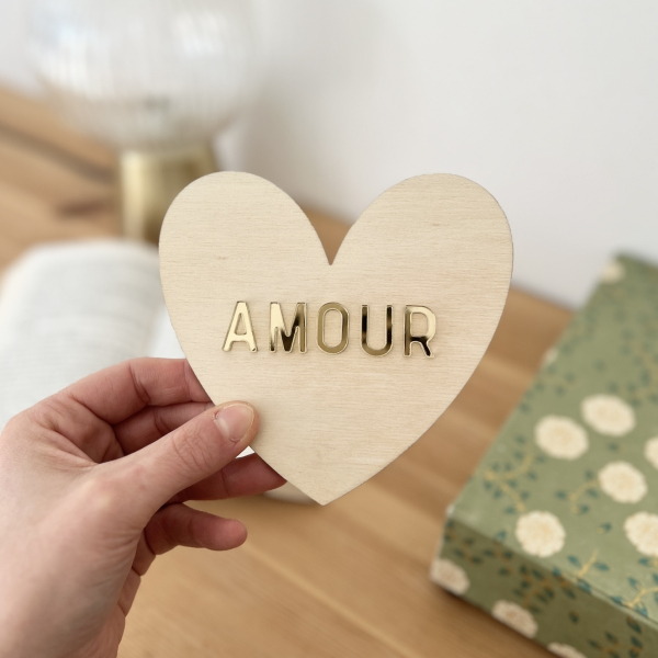 Décoration murale en bois coeur AMOUR plexi miroir champagne