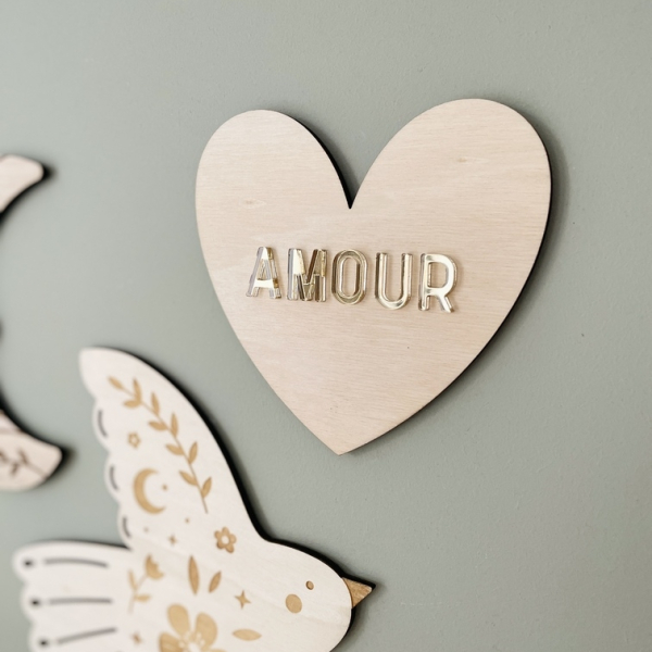 Décoration murale en bois coeur AMOUR plexi miroir champagne