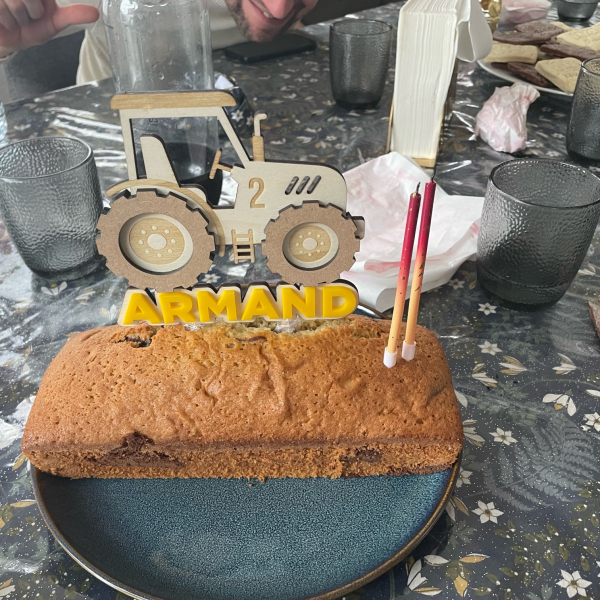 Cake topper tracteur personnalisé en bois, thème ferme chantier