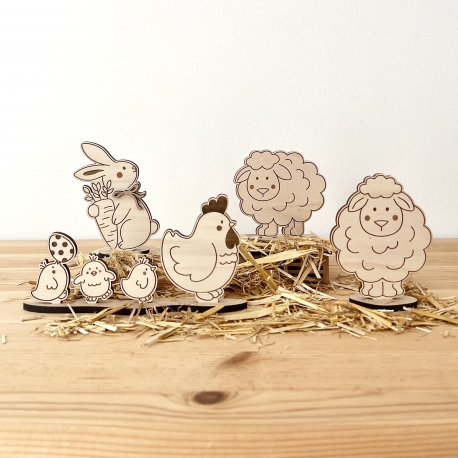 Décor de Pâques en bois, lapin, poule et moutons