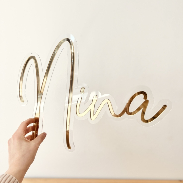 Enseigne style néon prénom, décoration chambre enfant miroir champagne