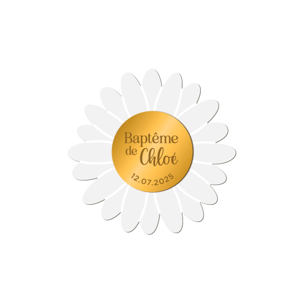 Magnet Marguerite personnalisé plexiglas blanc, cadeaux d'invités baptême