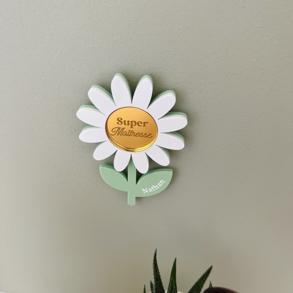 Magnet marguerite personnalisé, remerciements maîtresse, nounou, atsem