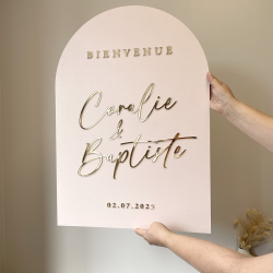Panneau d'accueil mariage, panneau en bois peint avec lettrage miroir