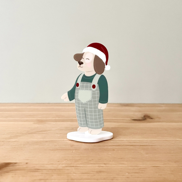 Décor de Noël artisanal, Cyprien le chien à salopette