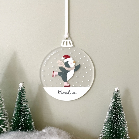 Boule de Noël à personnalisée plexiglas, Pingouin patineur