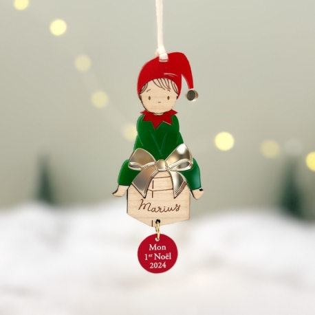 Boule de Noël personnalisée Lutin et son cadeau