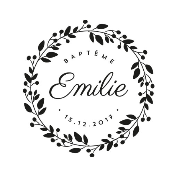 Tampon personnalisé baptême fille couronne de fleurs champêtre