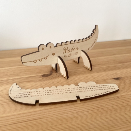 Faire-part baptême en bois crocodile thème savane
