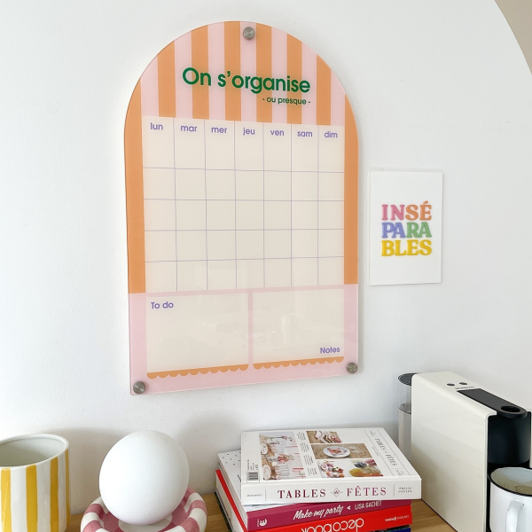 Calendrier mensuel effaçable arche à rayures, planning organisation famille
