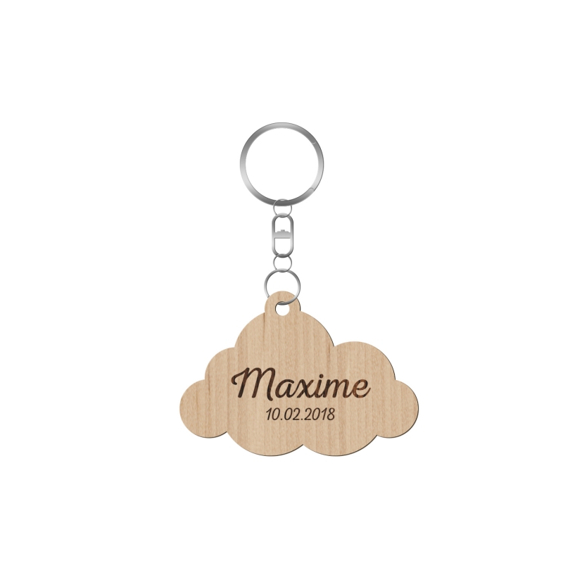 Porte-clef en bois personnalisé, modèle nuage avec prénom et date