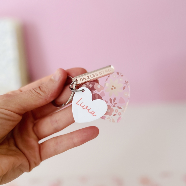 Porte-clé coeurs à personnaliser, motif fleurs Liberty