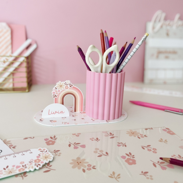 Pot à crayons enfant rose à personnaliser, bureau girly