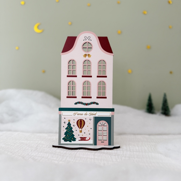 Décoration village de Noël en bois, maison et son magasin