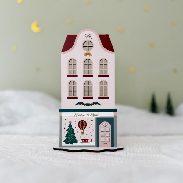 Décoration village de Noël en bois, maison et son magasin