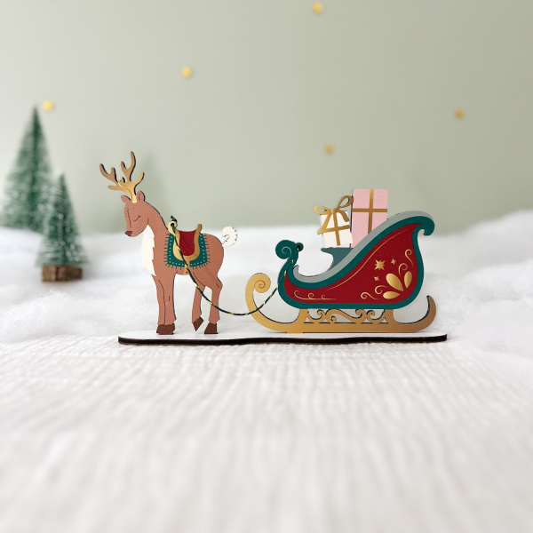 Figurine de Noël artisanale en bois, traineau du Père Noël