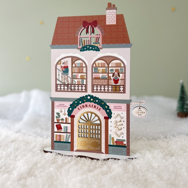 La librairie maison miniature, Mini monde de Noël en bois