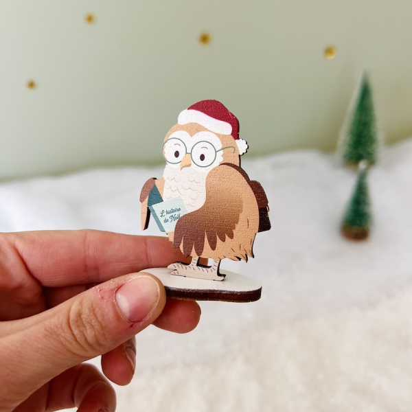 Personnage mini monde de Noël en bois, Huguette la chouette