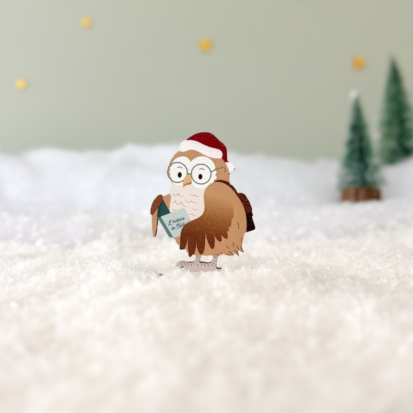 Personnage mini monde de Noël en bois, Huguette la chouette