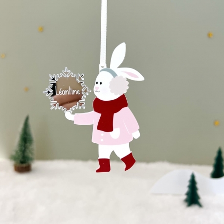 Boule de Noël personnalisée, lapin et flocon de neige