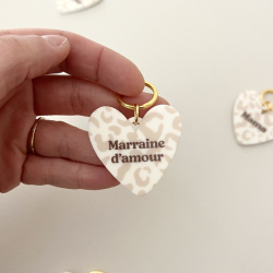 Porte-clef coeur famille, motif Léopard beige Marraine d'amour