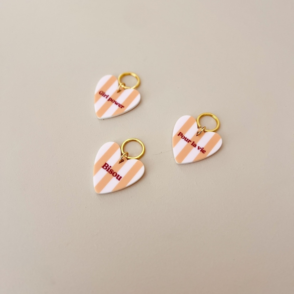 Porte-clés coeur à offrir message Pour la vie, rayures roses et orange