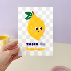 Affiche citron en plexiglas avec inscription zeste de bonheur sur fond à carreaux